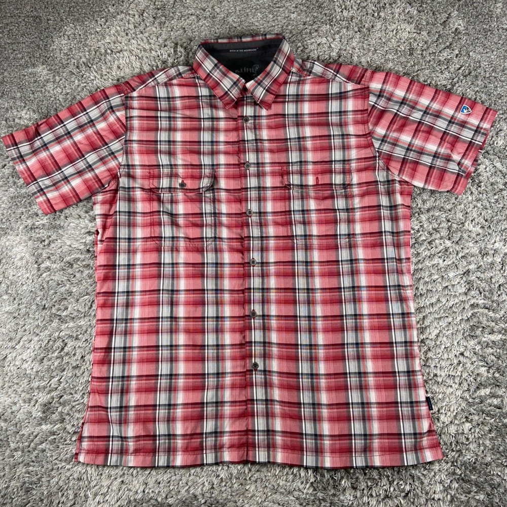 KUHL Eluxur Shirt Mens Large Red Plaid Short Sleeve Button Up Hiking Technical